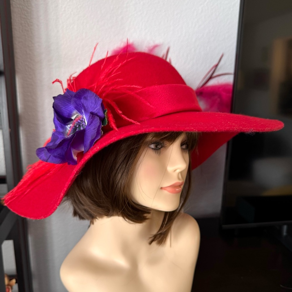 Red Wool Hat with Purple Flower and Feather
